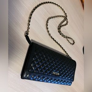 Prada Calfskin Quilted Wallet on Chain in Black